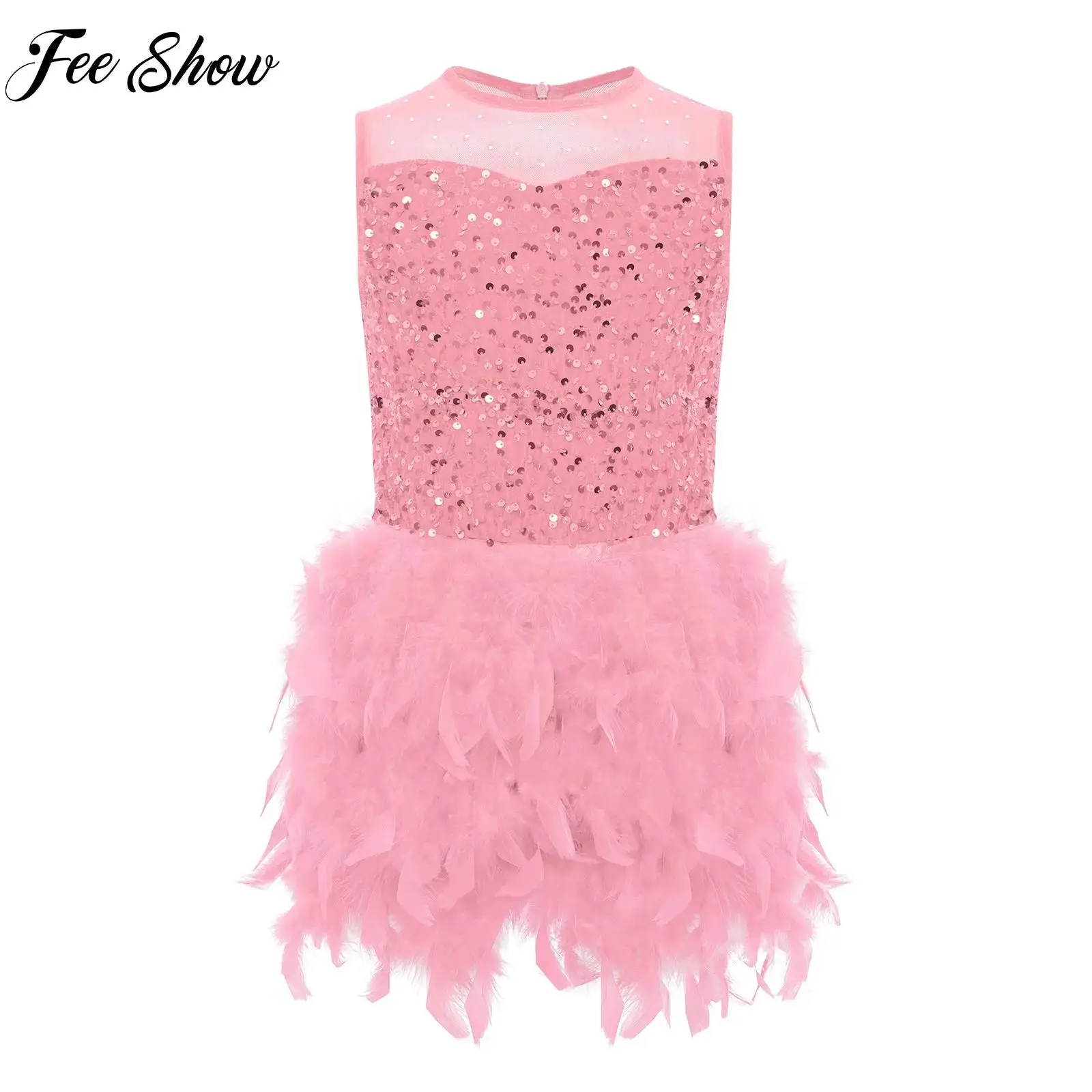 

Child Girls Latin Lyrical Modern Dance Costume Sleeveless Sequins Feather Velvet Princess Dress for Jazz Cha-cha Samba Dancing