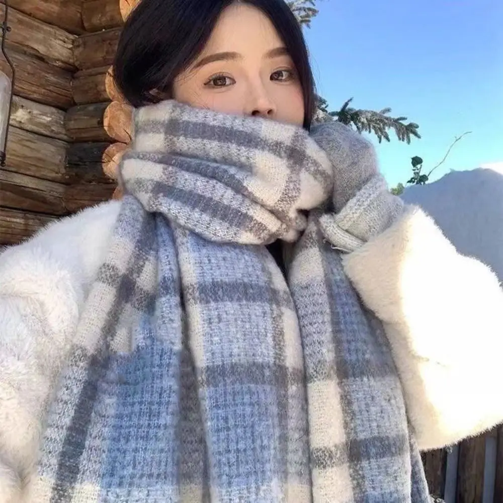 

Классический шерстяной шарф из мохера в клетку с кисточками, утепленные зимние кашемировые шарфы в корейском стиле, однотонная длинная шаль для женщин/мужчин