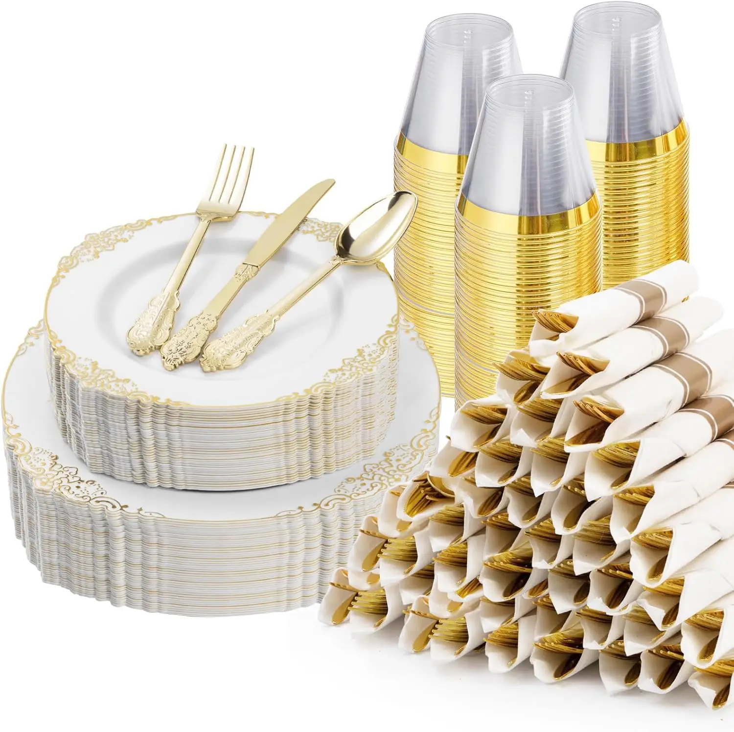 350PCS Gold Plastic Plates for 50 Guests, Disposable Dinnerware Sets Include 100 Gold Rim Plastic Plates, 50 Silverware