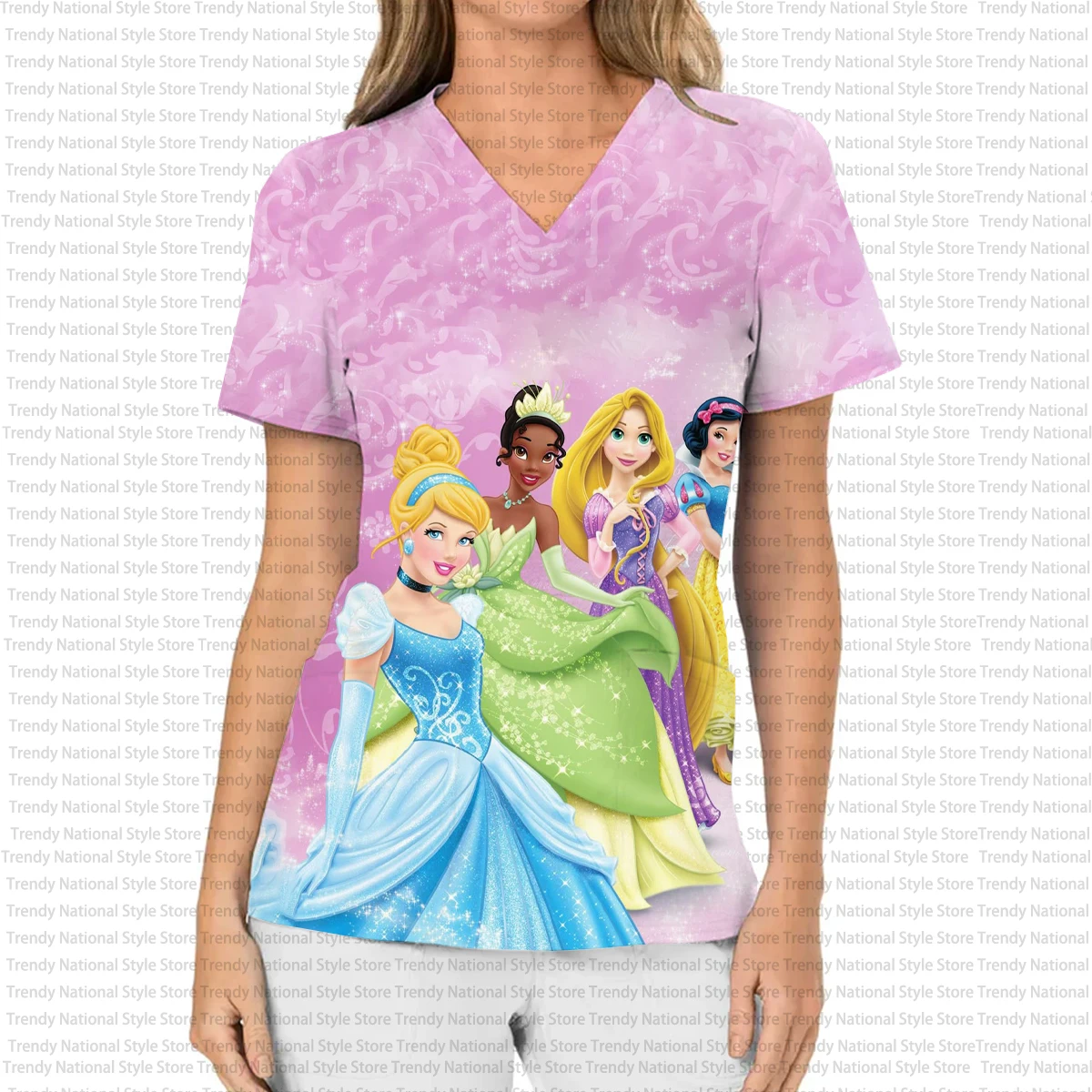 Summer Commuter Outfit Disney Princess Print Women's Nursing Gown V-neck Pocket Frosted Top Hospital Nurse and Caregiver T-shirt