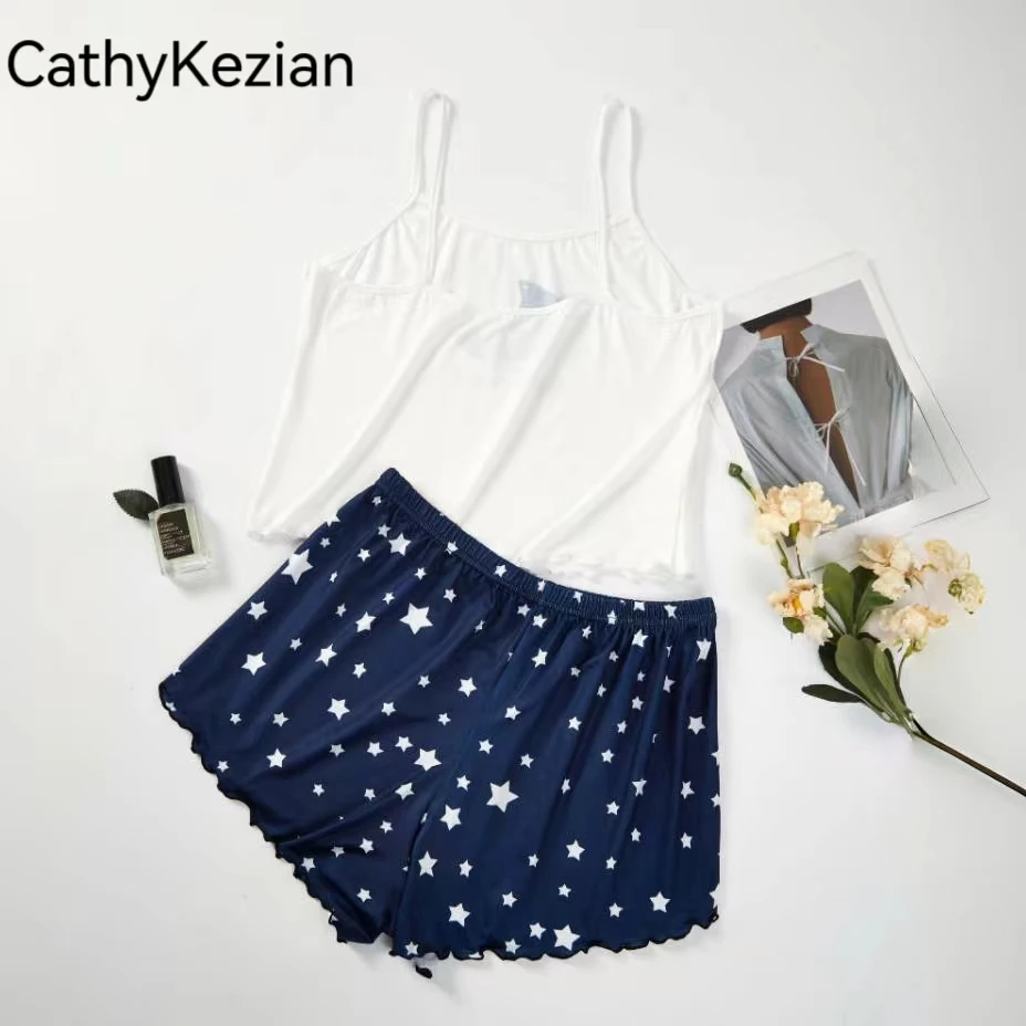 2 PCS Women Pajama Sleepwear Pajama Set Short-Sleeved Shorts Suit S M L Blue Moon Star Print Ventilate Soft Comfort Home Leisure