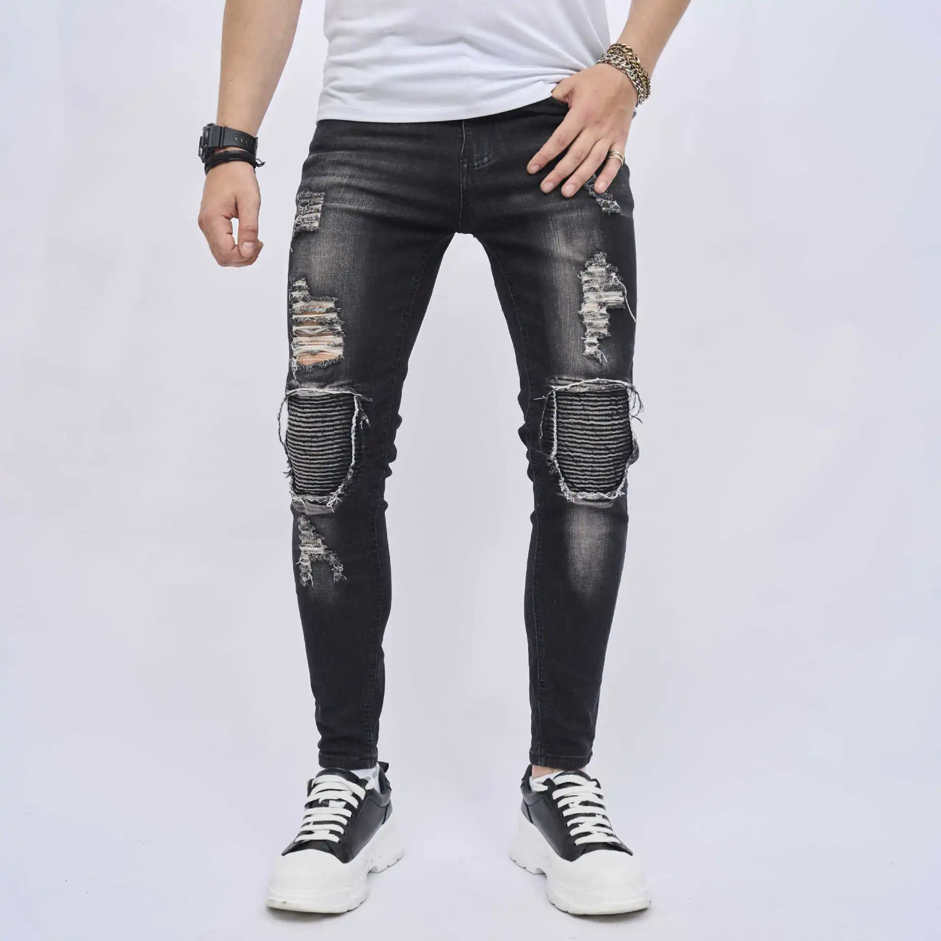 

Men's Hip Hop Youth Street Black Jenas Fashion Stretchy Ripped Skinny Big Size Men Denim Pants Mens Casual Designer Trousers