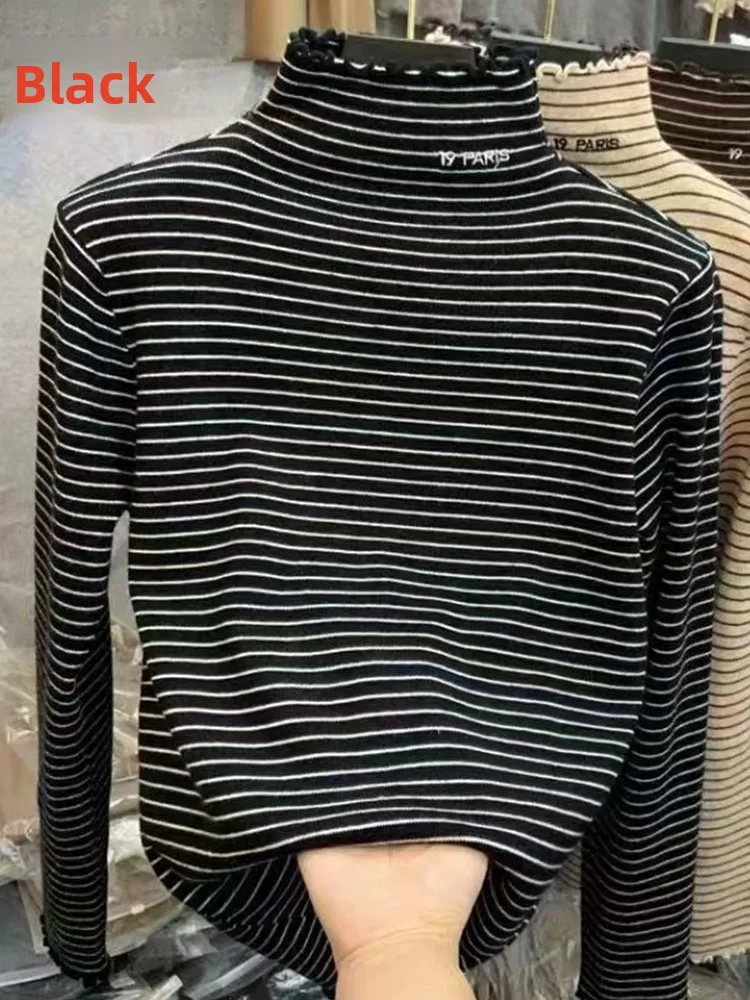 Thiened dupla face de lã longa sve camiseta feminina base irt f-gola alta forrado outono inverno faionable