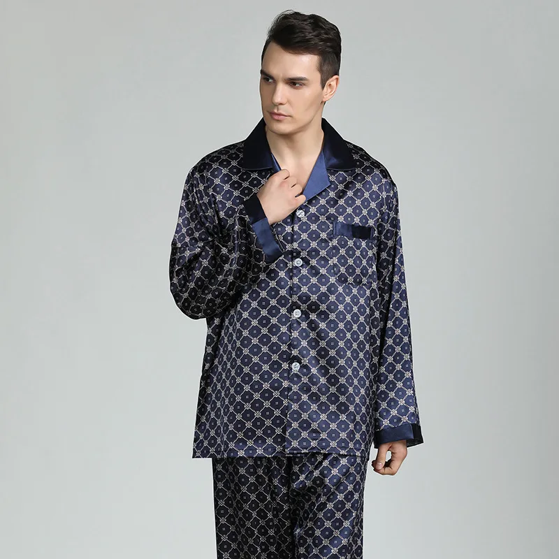 

Premium new high quality simple and casual men's silk pajamas set long sleeve long pants lounge wear for all season