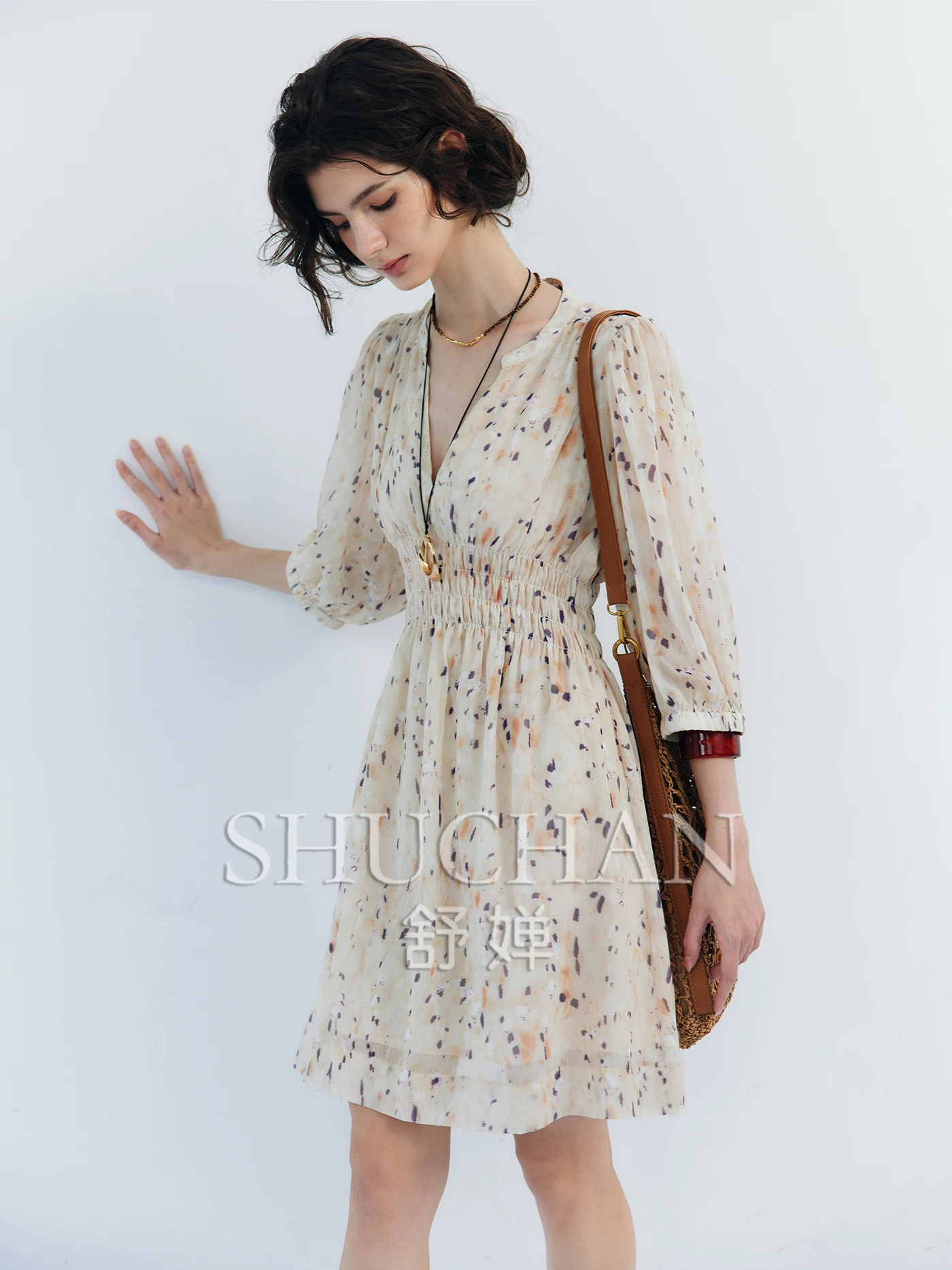 Abito da caffè con grembiule floreale in vita con scollo a V + colletto con streamer Abiti da donna De Verano Mujer 2025