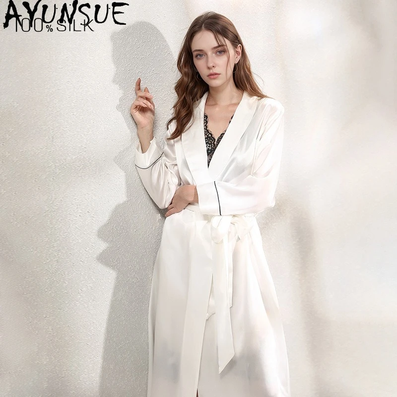 

AYUNSUE 16Mm 100% Mulberry Silk Robe Women Spring Summer Elegant Pajama Women's Home Clothes Casual Robes for Woman Morning Robe