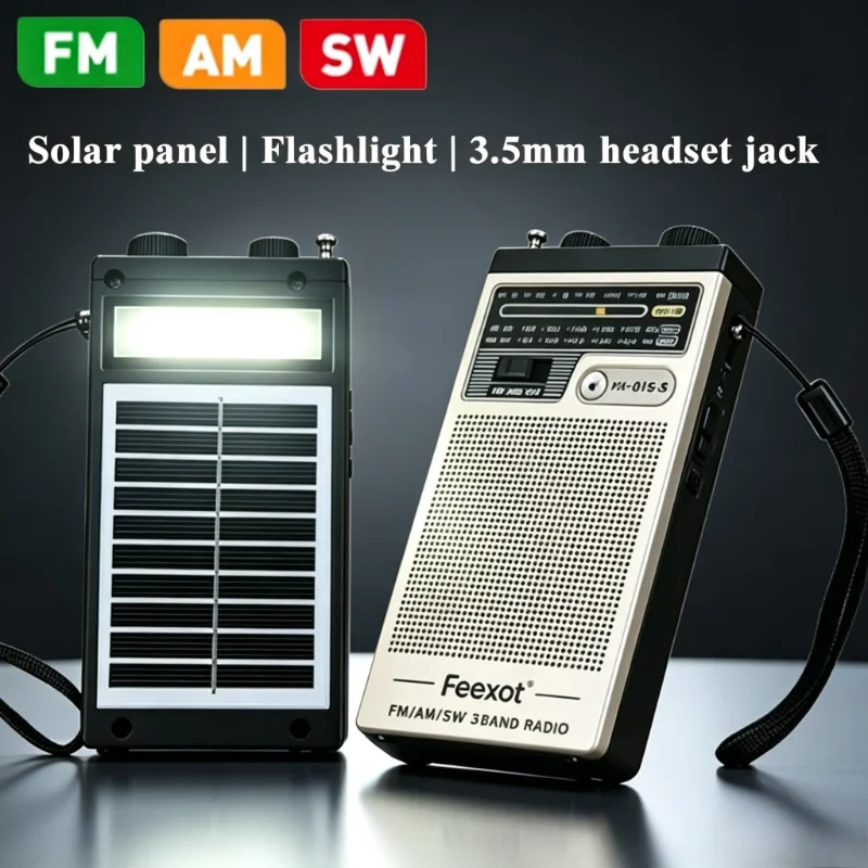 Portable Pocket Radio FM AM SW Mini Solar Panel Full Band Radios Rechargeable Radio with 3.5mm Headphones Jack LED Flashlight