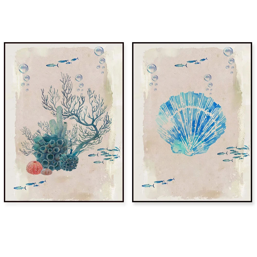 Ocean Poster and Canvas, Shore Wall, Seashells, Coral Nautical Teal Blue Ocean Beach Coast - Inspirational Wall Art Home Decor