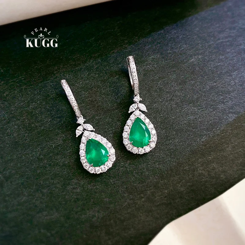 KUGG 100% 18K White Gold Earrings Luxury Diamond Jewelry Elegant Style Natural Emerald Earrings for Women Senior Banquet