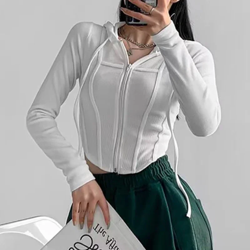 Women Zipper Drawstring Hooded Coat Long Sleeve Irregular Cropped Top Slim Y2K Streetwear Hoodies T-shirt Spring Summer