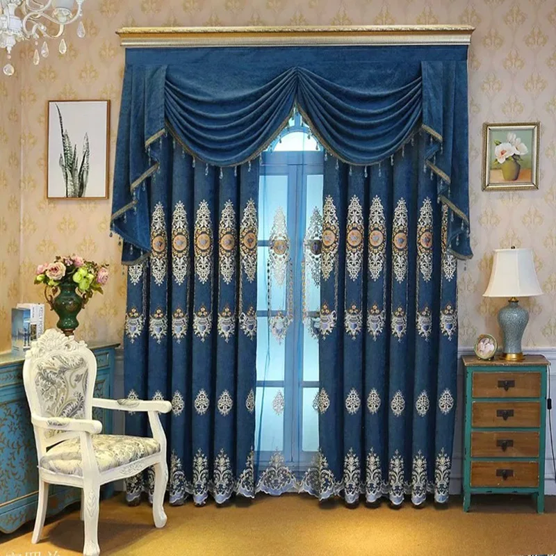 

Custom Luxury thick Chenille embroidery European bedroom living room blue cloth blackout curtain tulle valance drape C1791