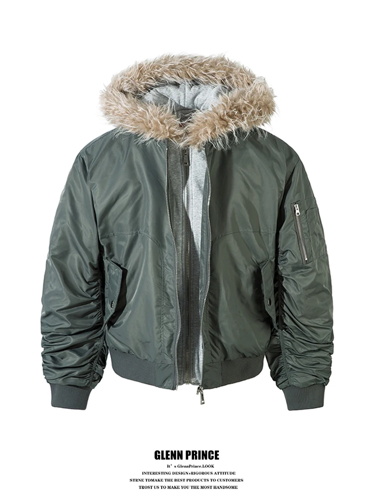 

American Retro Thiened Flight Parka Coat with Hood Fur Collar Cotton Workwear Jaet for Youth Winter Warm Casual Outerwear