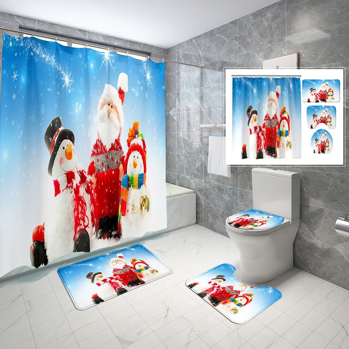 

4 PCS Merry Christmas Shower Curtain Set Christmas Atmosphere Shower Curtain Bathroom Non-Slip Bath Mat Toilet Cover