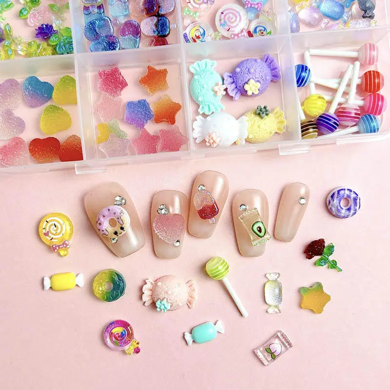 1Box Dopamine Colored Candy Snacks Nail Art Decoration Gradient Ice-cream Donuts Desserts Resin Nail Charms Handmade DIY Nails