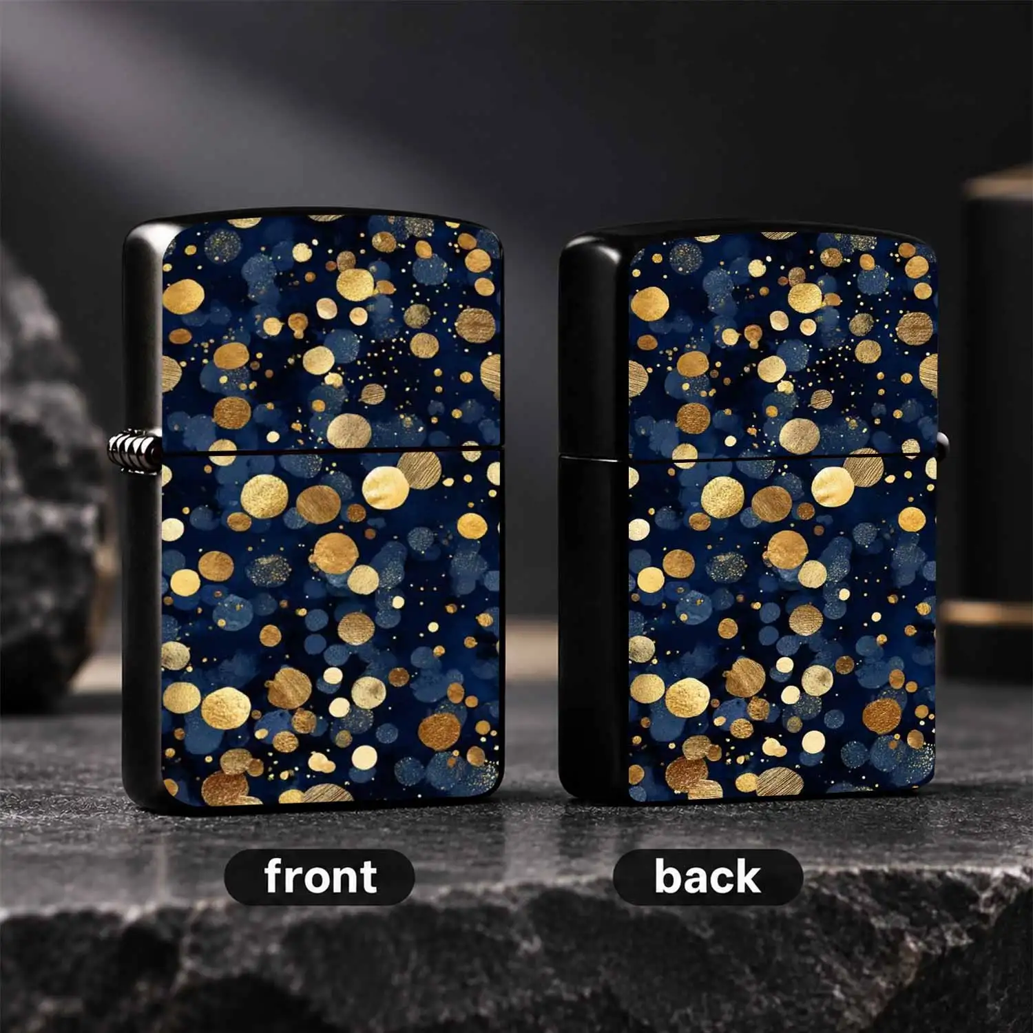 Exquisite Navy Blue Background Lighter With Shiny Gold Foil Dot Pattern, Portable Decorative Versatile Ignition Tool For Daily Travel Camping Gathering, Stylish Practical Elegant Accessory For Personal Use Gifting On Al A Humorous And Inter
