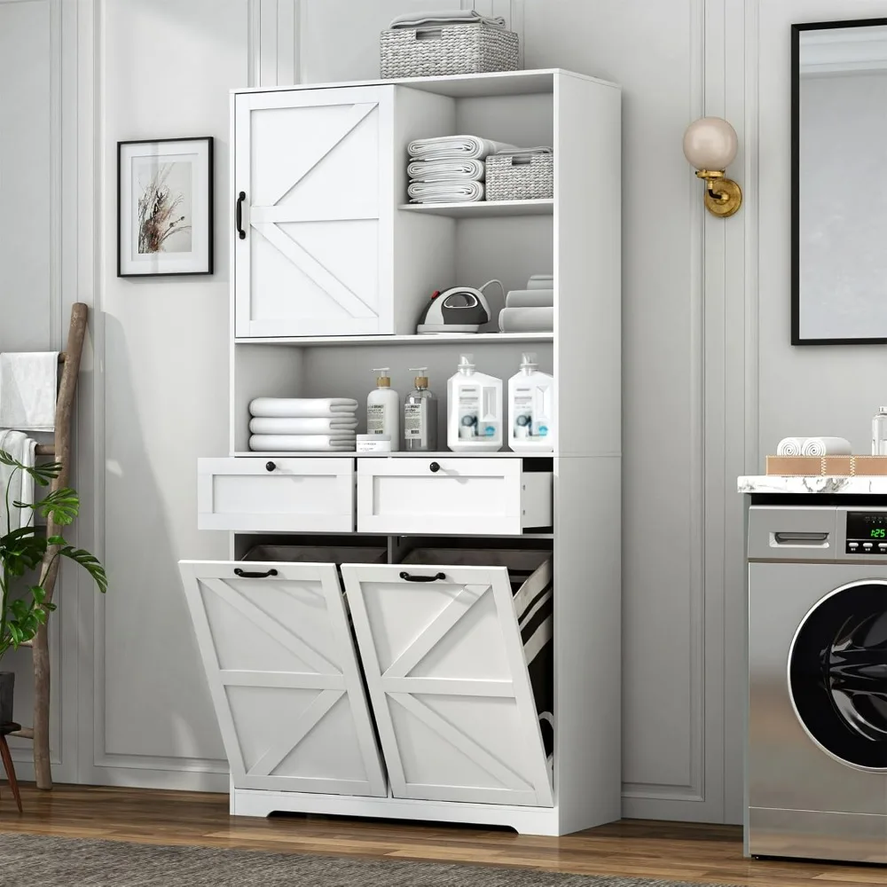 

78" Tall Tilt-Out Double Doors Laundry Cabinet Hamper w Hidden Laundry Hamper,Large Pull Out Laundry Room Storage Cabinets
