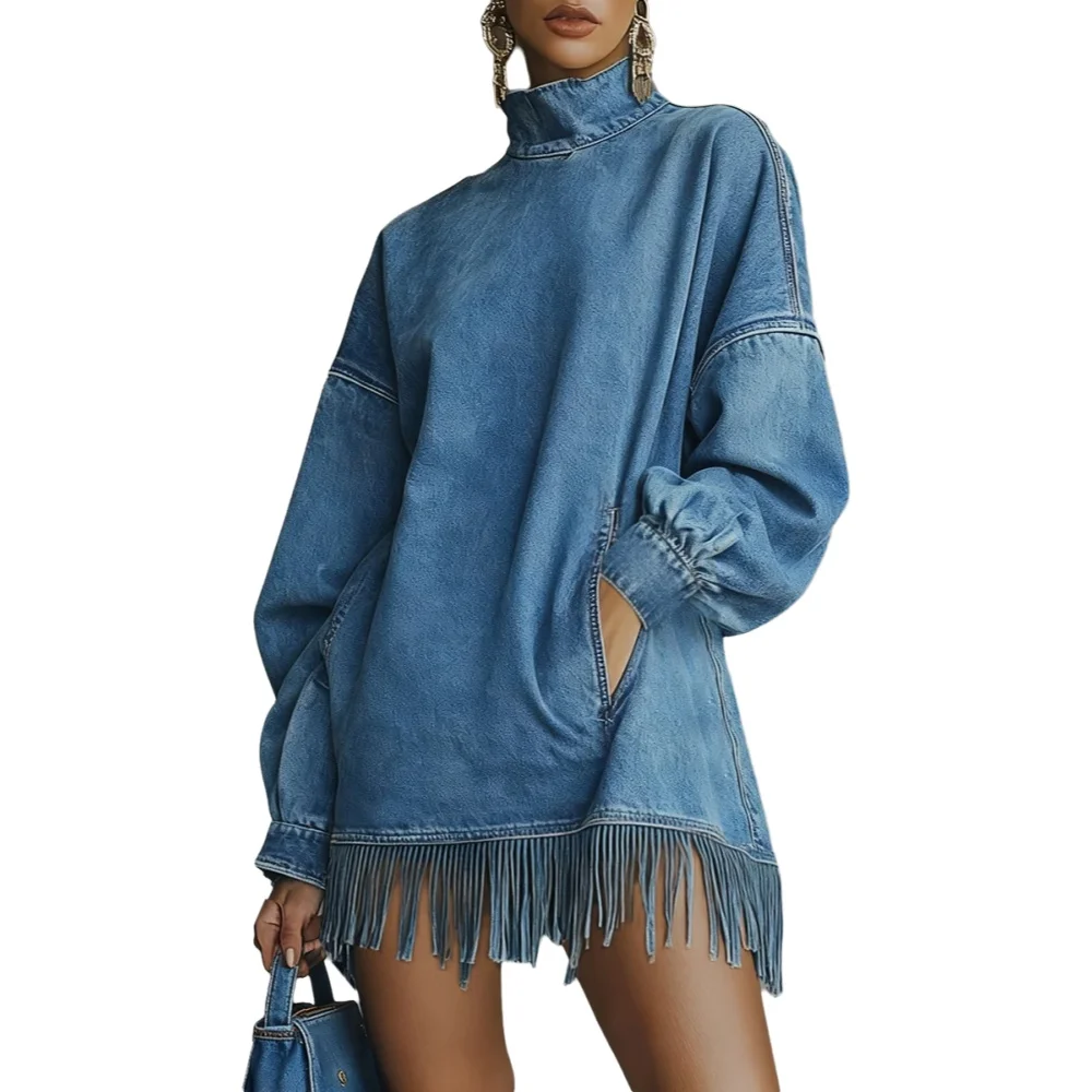 Robe courte en denim rétro à franges, col montant, manches longues, poches, ourlet à franges, bleu, printemps, automne, robe de fête