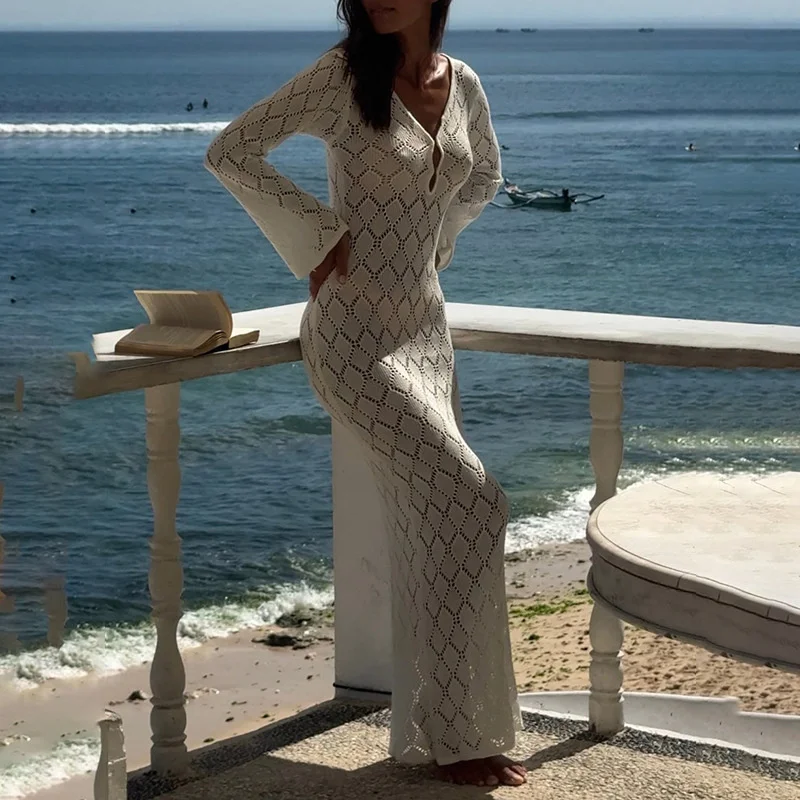 Abito estivo con fasciatura a V profonda a maniche lunghe, copricostume da donna in maglia, costume da bagno sexy da spiaggia all'uncinetto, costume da bagno femminile