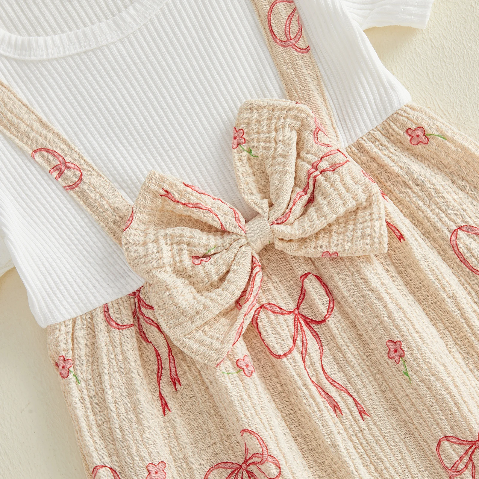 Baby Girl Summer Outfits Faux Two-piece Design Bow Print Ruffled Trim Short Sleeve Romper and Bow Headband 2 Pcs Set