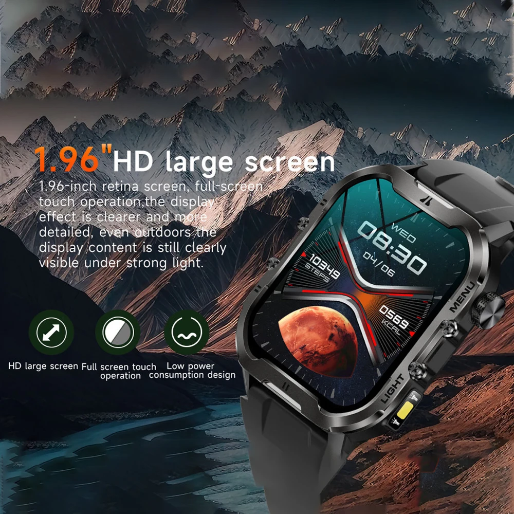 Nieuwe Mannen Outdoor Zaklamp Sport Smart Horloge Gezondheid Lichaamstemperatuur Monitor Smartwatch Blue Tooth Call Anti Fall 1.96 "Scherm