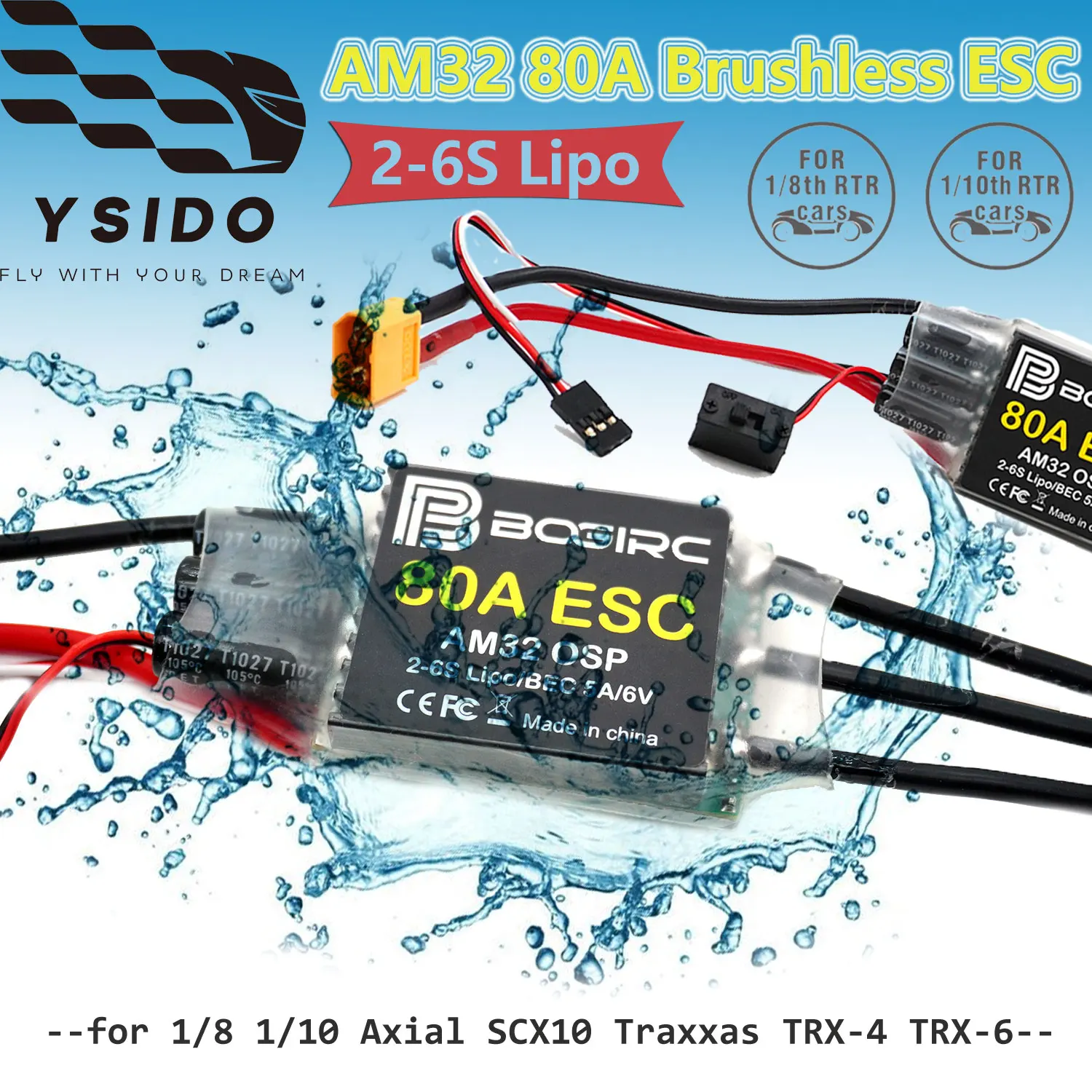 

YSIDO RC Crawler Car Waterproof Brushless 80A AM32 ESC 2-6S 6V/5A BEC for 1:8 1:10 Axial SCX10 Traxxas TRX-4 TRX-6 4WD D90