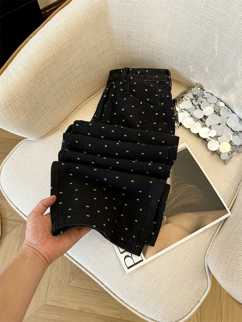 

Ретро корейские прямые джинсовые джинсы в горошек с цветочным принтом, свободный крой, летние черные утягивающие мужские и женские длинные брюки с высокой талией