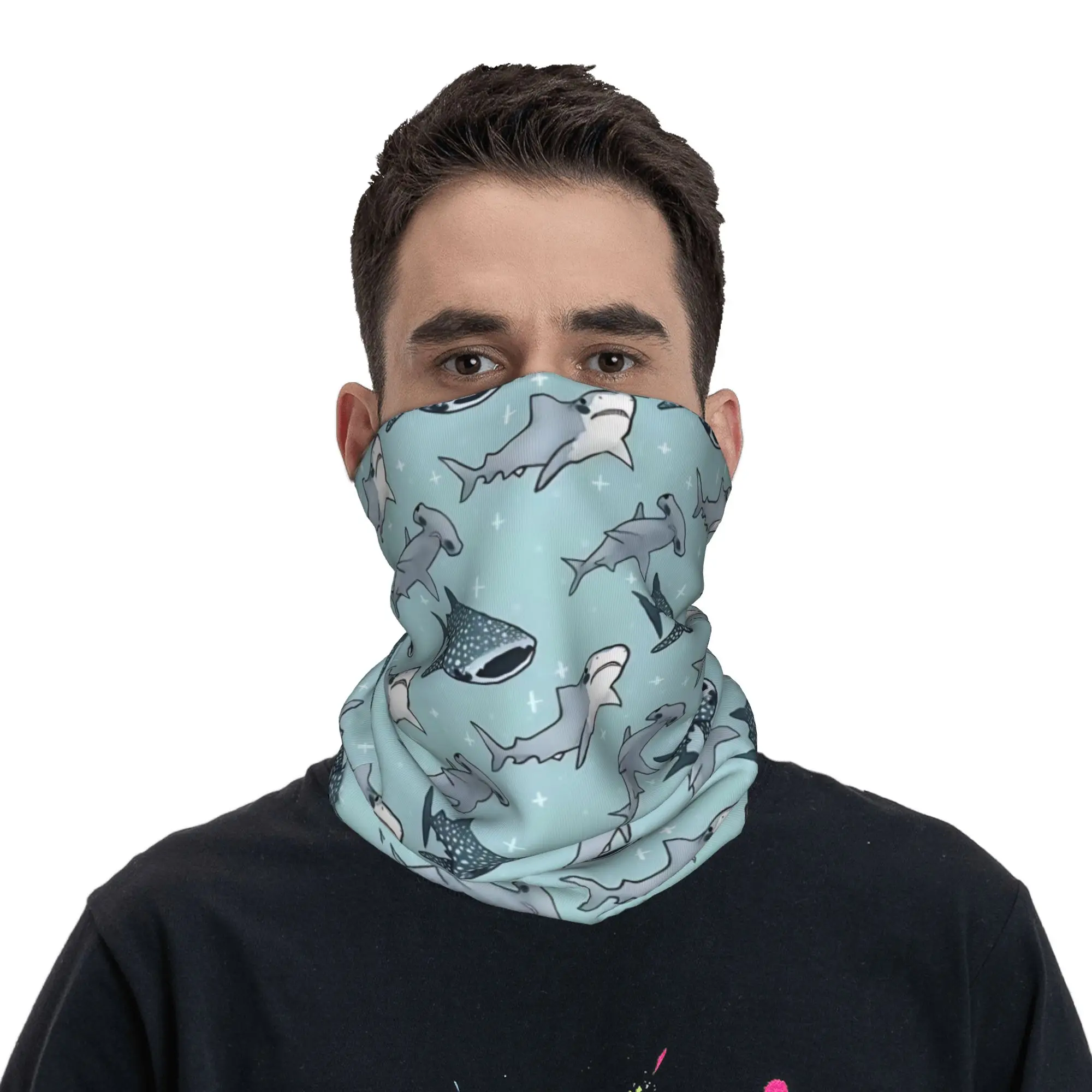 Cartoon Shark Ocean Animal Bandana Neck Gaiter Printed  Magic Scarf Multi-use Headband Riding for Men Women Adult Windproof