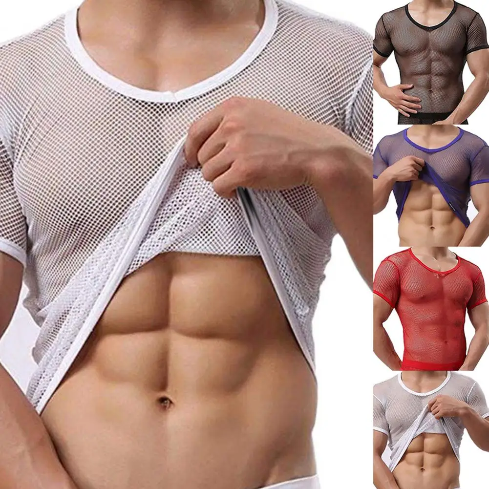 Mesh Men T-shirt Men Mesh Sexy Men See Through Blouse Sexy T-shirt Skin-friendly