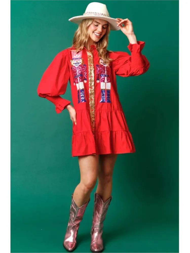 

For Women Red Christmas Sequin Party Dresses 2024 Winter X-Mas Cartoon Print A-Line Dress Casual Long Sleeve Loose Shirt Dress