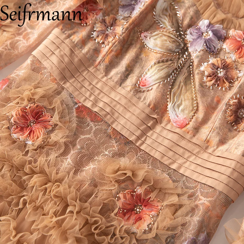 Seifrmann 2026 lente dames nieuwe modieuze ronde hals lange mouw kraalbloem pailletten bedrukte bloem mesh-jurk