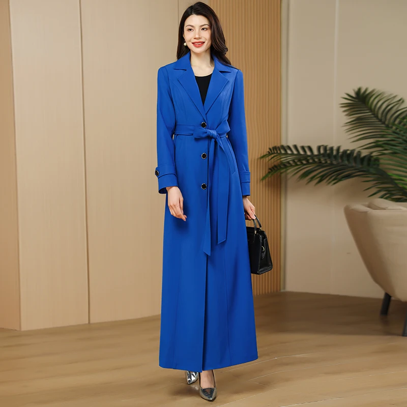 

Синее длинное пальто, женская повседневная повседневная одежда, весна-осень, новый стиль, костюм с воротником для похудения, модная верхняя одежда с застежкой на талии