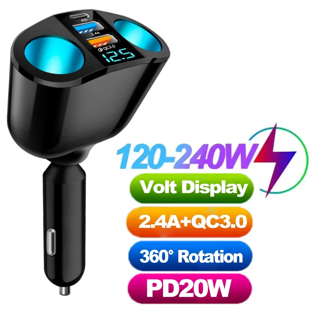 120-240W PD QC3.0 Auto-Schnellladegerät Adapter Auto-Zigarettenanzünder-Steckdosenverteiler Digital-Display Netzteil für Alle Telefone