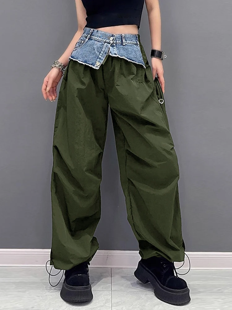 [EAM] High Elastic Waist Black Denim Color-block Long Cargo Pants New Trousers Women Fashion Tide Spring Autumn 2024 1DH4616