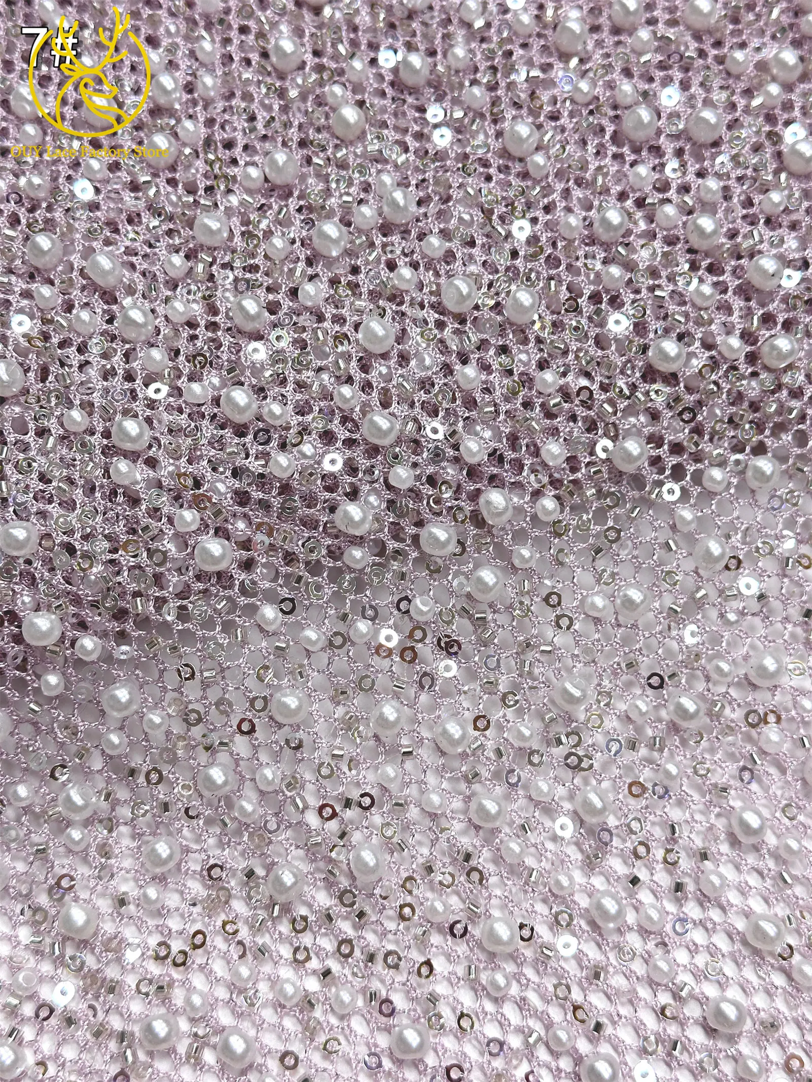 Neuer Stil Afrikanischer Perlen-Spitzenstoff Hochwertiger nigerianischer Perlen-Pailletten-Spitzenstoff Luxuriöser französischer Netzstoff zum Nähen von Hochzeitskleidern – Detail 19