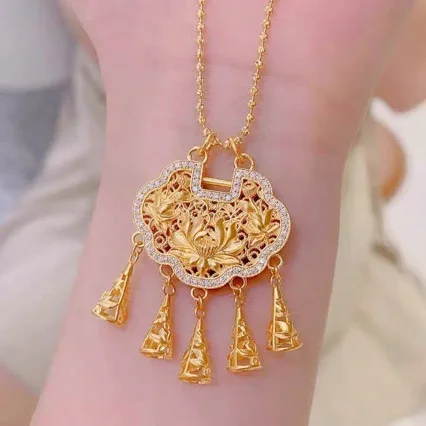 High-quality 999 pure gold necklace filigree wind chime concentric lotus tassel lock 24K light luxury versatile jewelry AU750