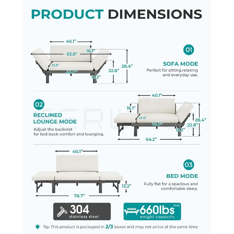 HDPE 4-in-1 Convertible Outdoor Sofa with Adjustable Armrests, Couch Sofa Bed, Collapsible Chaise Lounge with Cushion, Patio Lo