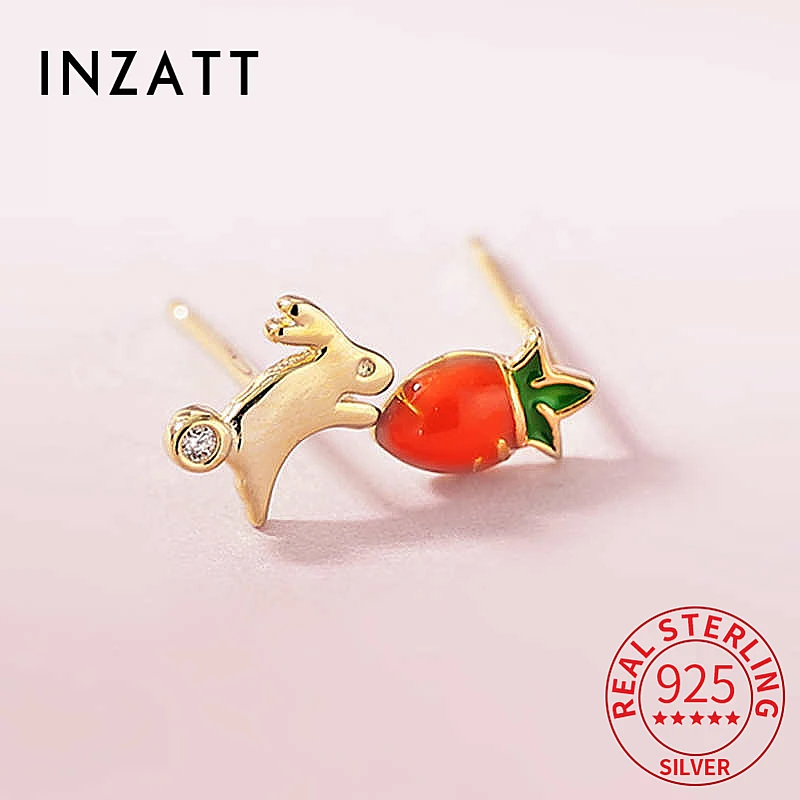 INZATT Real 925 Sterling Silver Zircon Rabbit Radish Stud Earrings for Women Cute Fine Jewelry 2024 Trendy Asymmetry Accessories