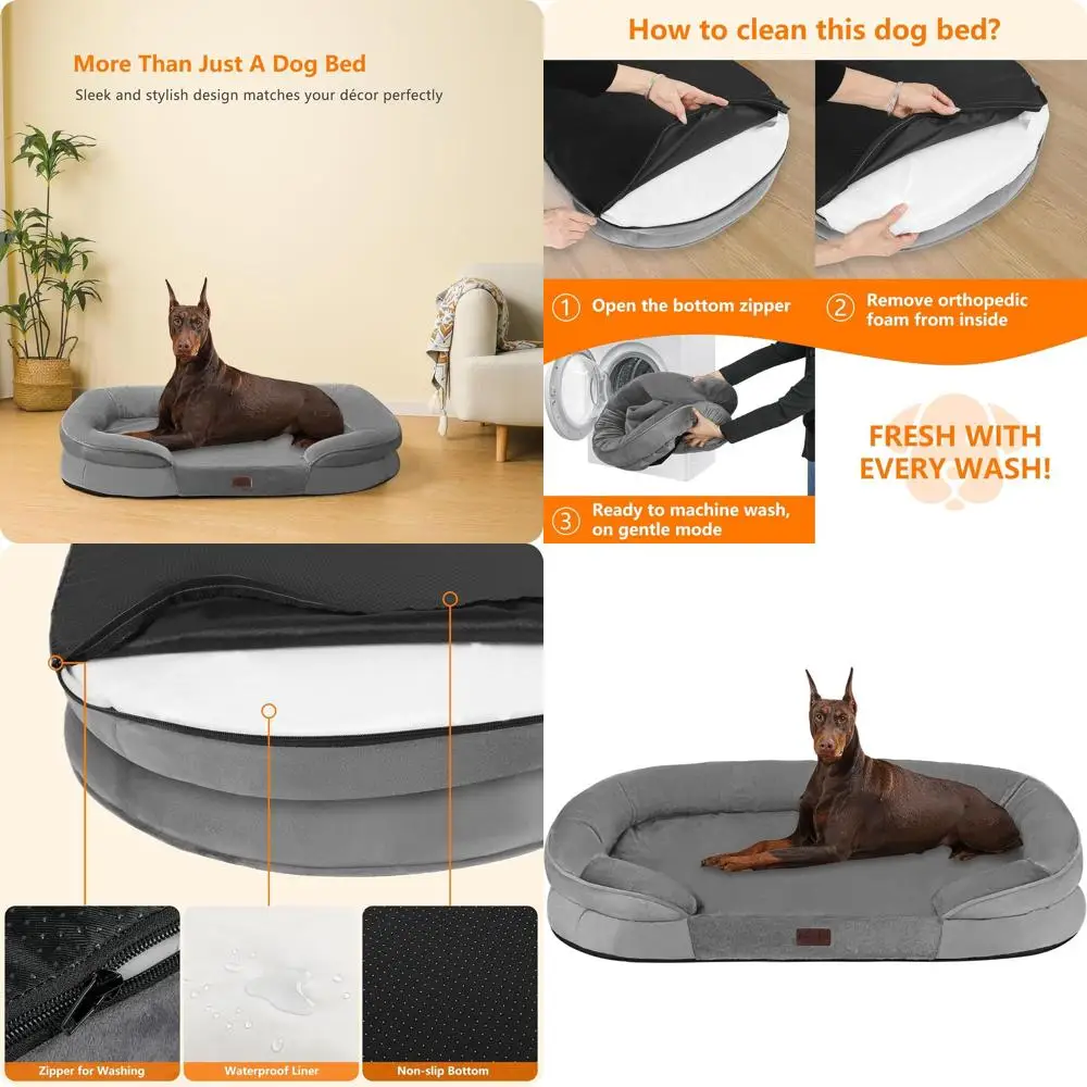 

Ортопедическая кровать для крупных собак с гелевой пеной, водонепроницаемый диван, подушки-валики, моющийся чехол, нескользящее основание, 48, средний серый цвет