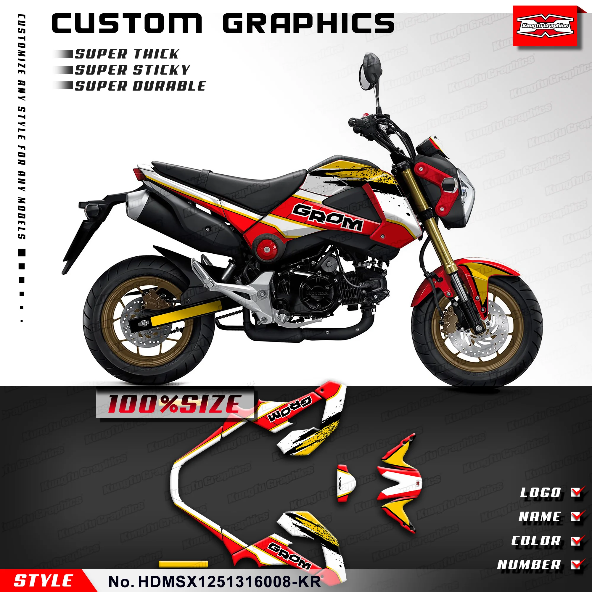 

KUNGFU GRAPHICS Motorbike Custom Stickers Decal Kit for Honda Grom MSX 125 MSX125 2013 2014 2015 2016, Red