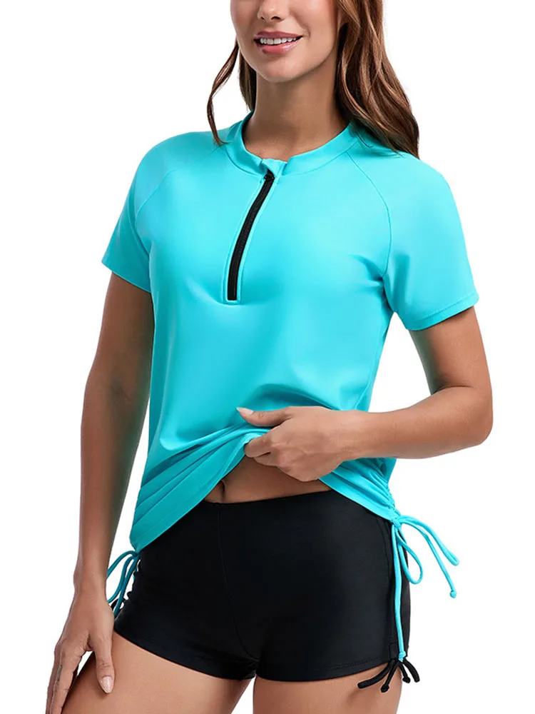 Women Short Sleeve Rash Guard Swimsuit with Shorts Zip Front Side Drawstring Two Piece Swimwear Bathing Suit