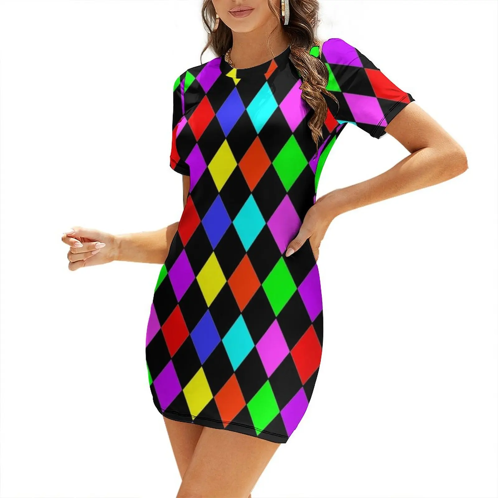 MULTICOLOUR HARLEQUIN WITH PINK RED GREEN BLUE BLACK RED PURPLE AND YELLOW Short Sleeved Dress