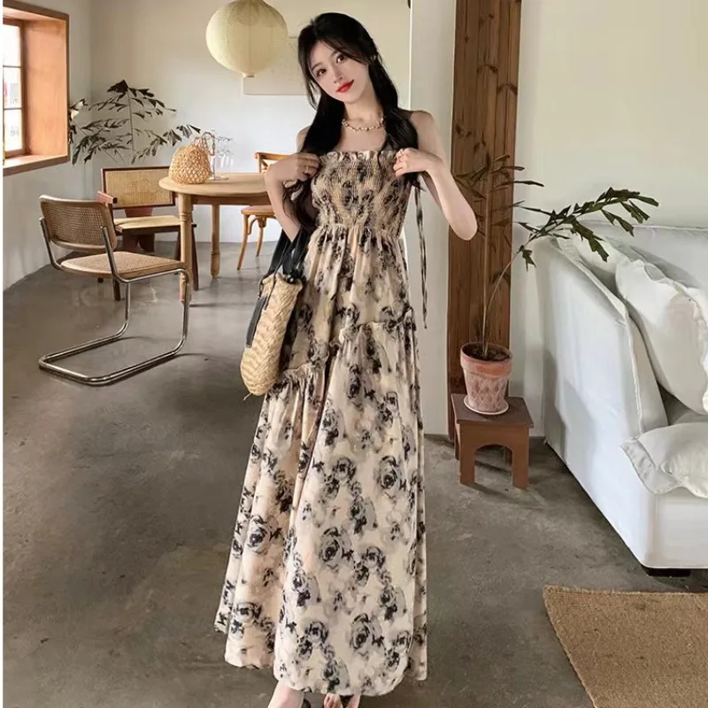 

Elegant Halter Long Dress for Women Summer 2024 New Women Clothing Seaside Beach Holiday Floral High Waist A-line Long Dresses