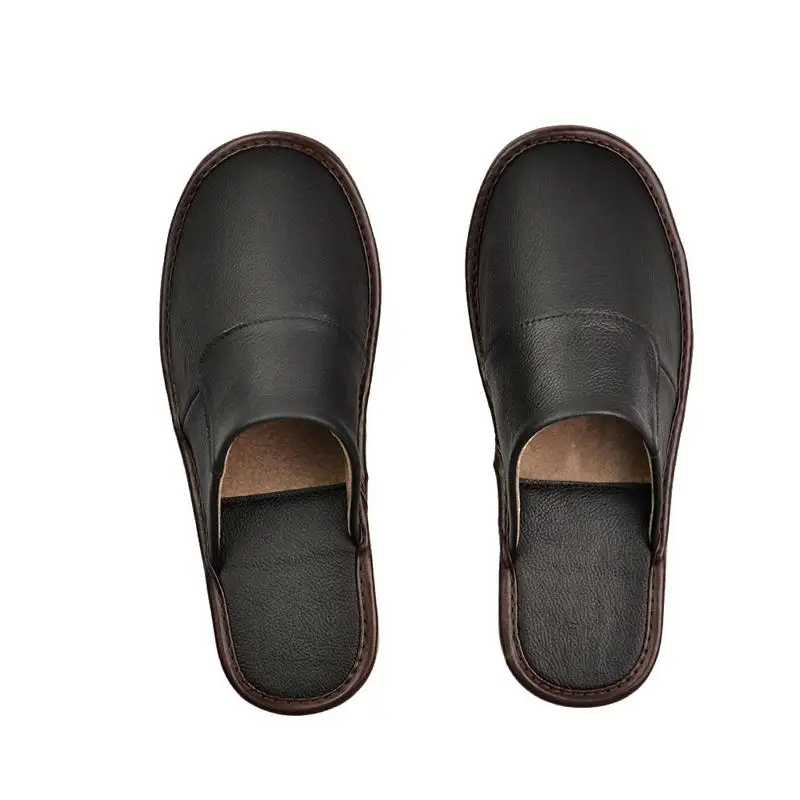 Luxury Cow Split Leather Handmade Men Home Slippers Spring Slip On Soft Comfortable Black Brown Bedroom Indoor Flat Men Shoes