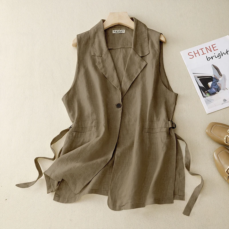 Suit Collar Cotton and Linen Vest Jacket 2025 Fashion Women Split Big Size Midi Long Vests Ladies Casual Sleeveless Tank Coat
