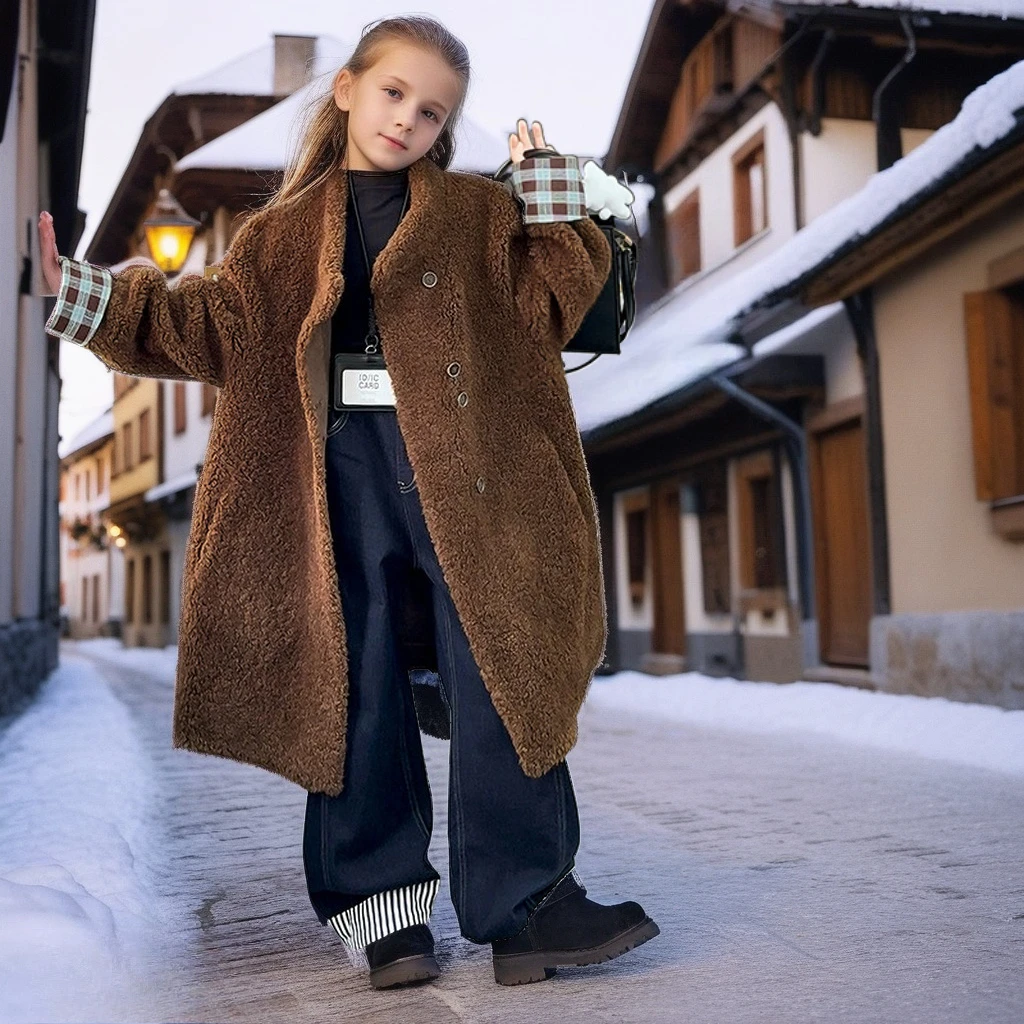 

School Girls Fake Fur Coat, Mid-Long Plush Jacket for Kids & Teens Winter Luxury Faux Fur Jacket Warm Fashion Outerwear 10 12 Y