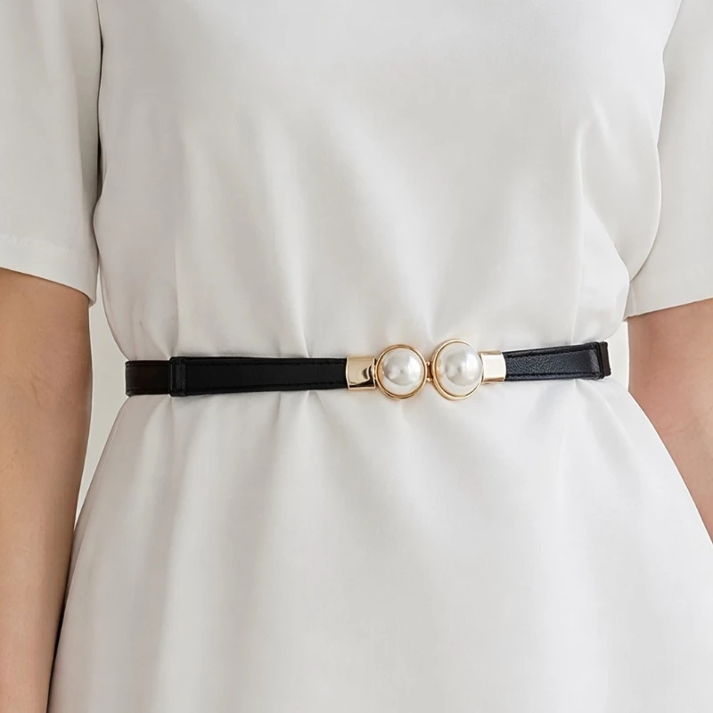 New Elegant Vintage Pearl Waist Chain Belts Women's Korean Style Sweater Jacket Hooks Elastic Slim Fit Leather Belt