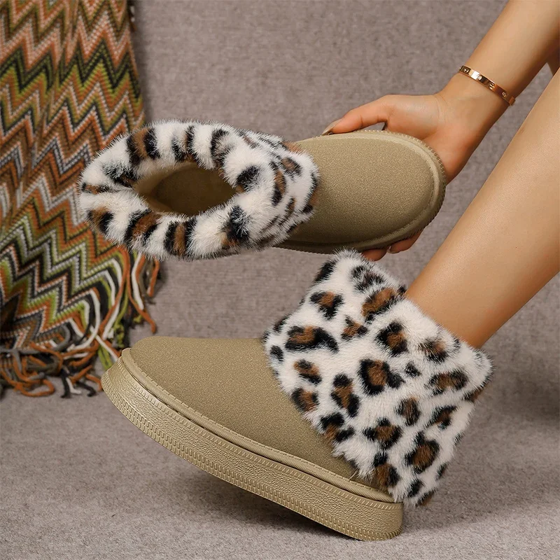 Fluffy Leopard Women Ankle Snow Boots Flats Platform Cotton Shoes Winter Warm Casual Suede Boots Trend 2024 Walking Female Botas