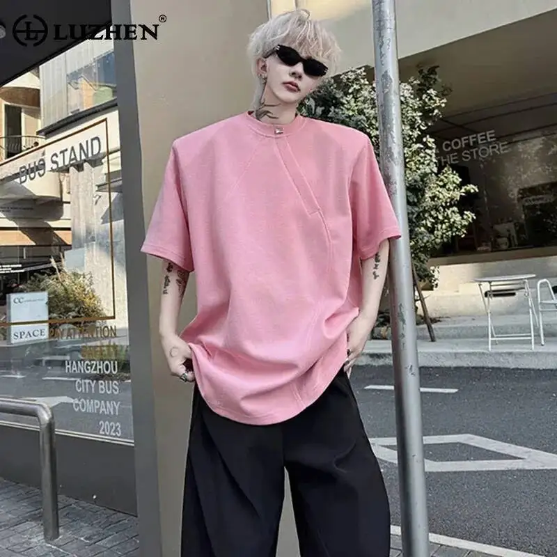 LUZHEN Loose Short Sleeve Textured 2025 Stripe Summer Patchwork Tops Men Stylish Street Solid Color Shoulder Pad T-shirts JY7298