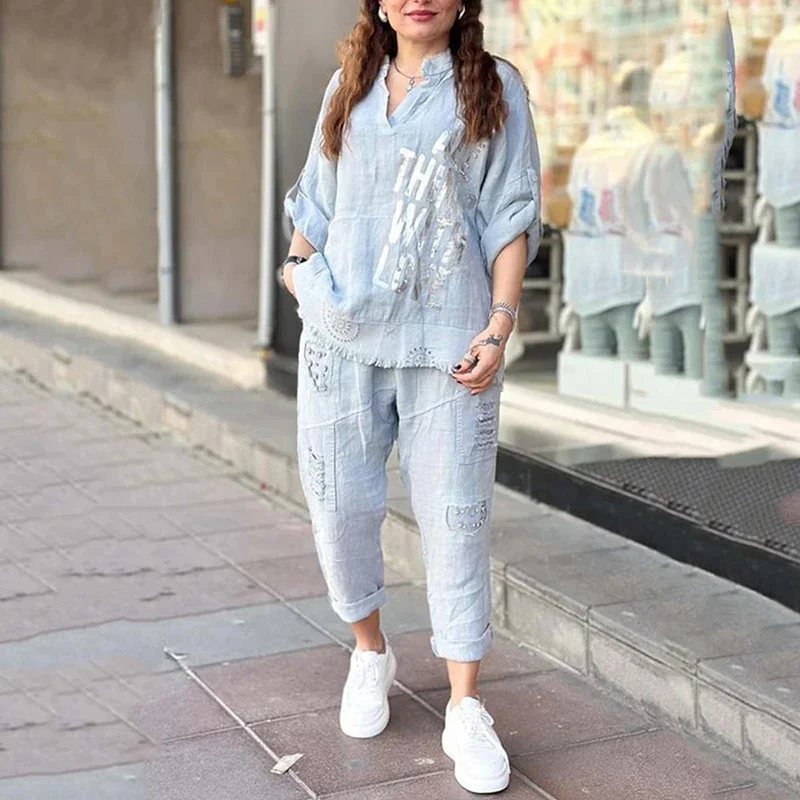 

Summer Fashion Letter Printed 2 Piece Set for Women Casual Versatile V Neck Half Sleeve Loose Top Straight Slim Long Pants Suit