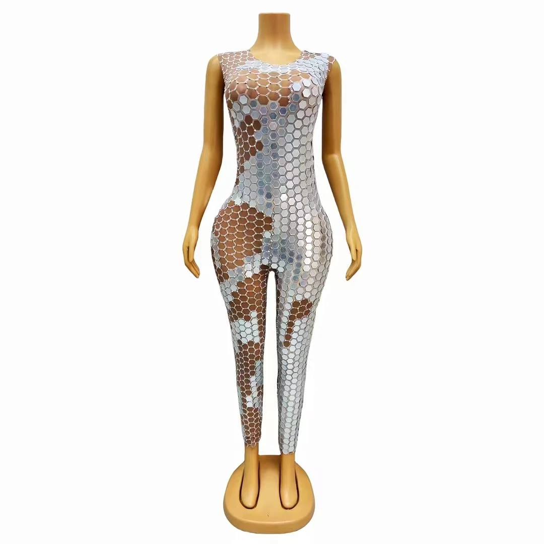 Glitter Crystal Silver Mirror Jumpsuit Singer Dancer Stage Show Leotard Party Rave Outfit Robot Dance Performance Costume